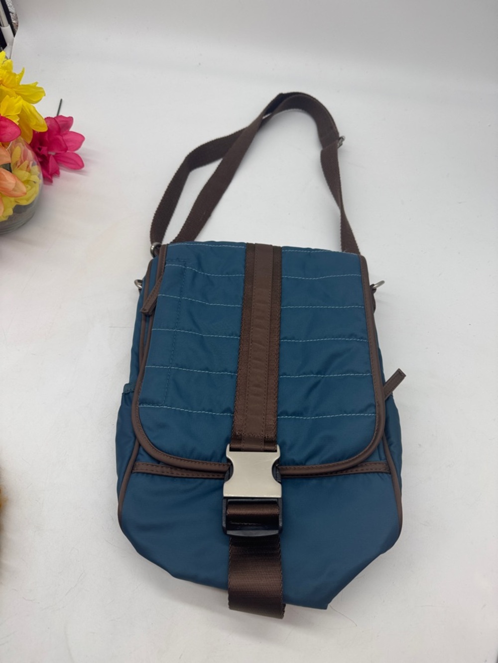 Ellington Quilted Teal Crossbody Bag with Brown Trim